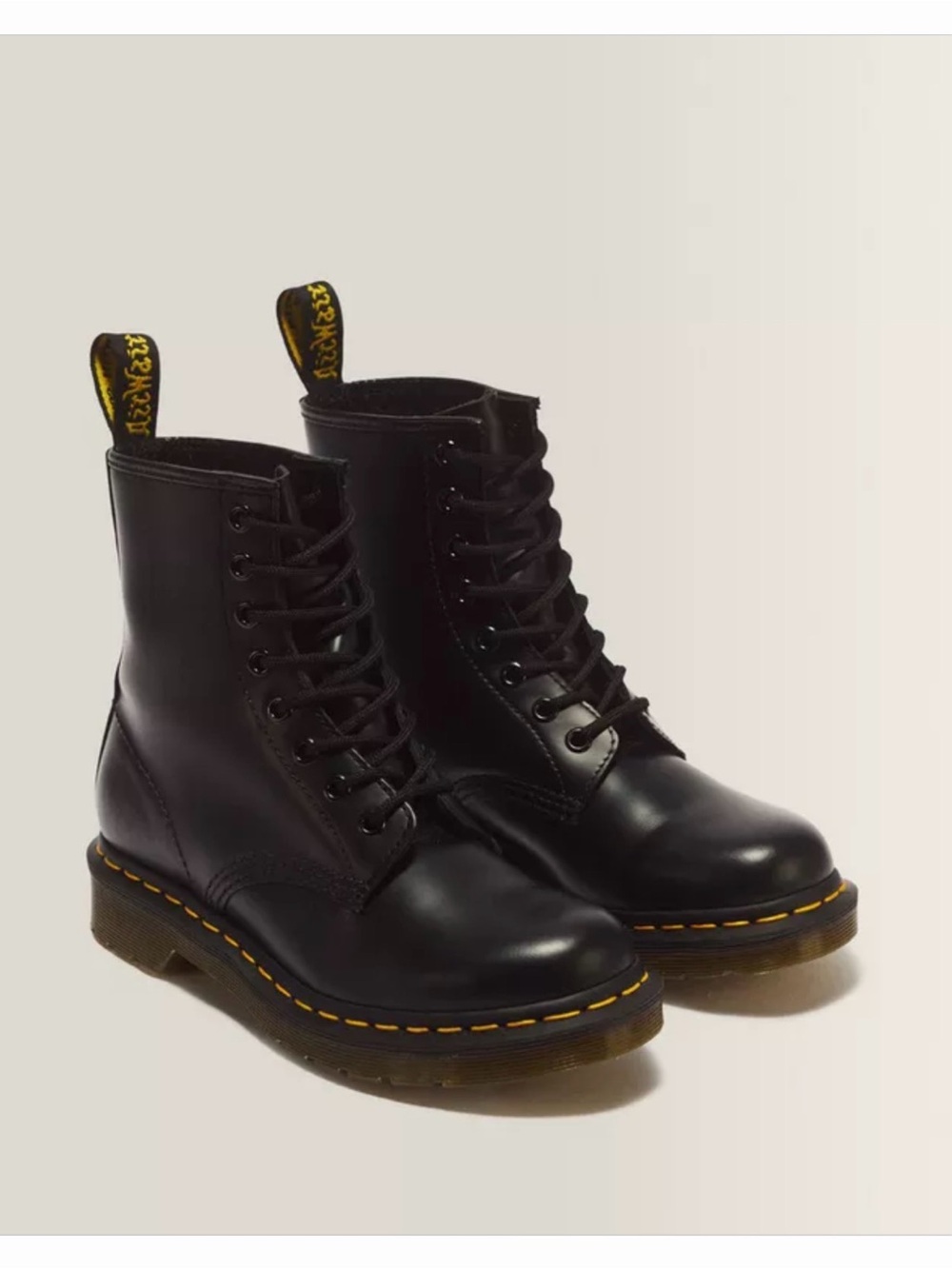Dr. Martens Black Leather Lace-Up Combat Boots with Yellow Stitching